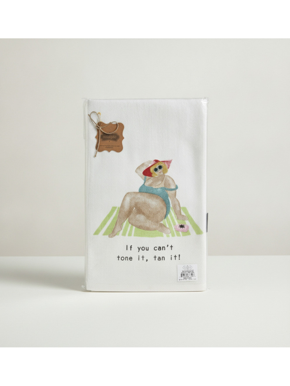 Mud Pie "Can't Tone It Tan It" Cotton Hand Towel 23x16 Printed Laying On Beach